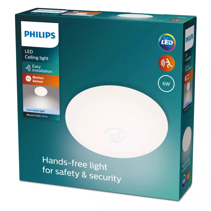 Philips Functional Mauve lubos šviestuvas LED 6 W, apvalus 250×72 mm, baltas, su integruotu judesio davikliu