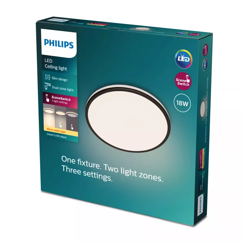 Philips Functional Ozziet LED lubinis šviestuvas 18 W, juodas, apvalus, nekeičiamas šviesos šaltinis, 220–240 V