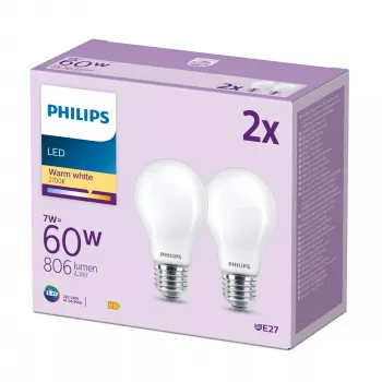 Philips LED kaitrinė lemputė matinė A60 E27 2 vnt., 7 W, 60 W, E27, 806 lm, 15000 h, šilta balta