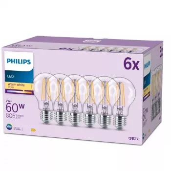 Philips Filament LED lemputė matinė 60W A60 E27 x6, 7 W, 60 W, E27, 806 lm, 15000 h, šilta balta
