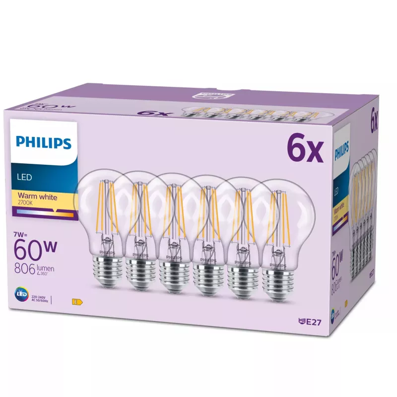 Philips Filament LED lemputė matinė 60W A60 E27 x6, 7 W, 60 W, E27, 806 lm, 15000 h, šilta balta