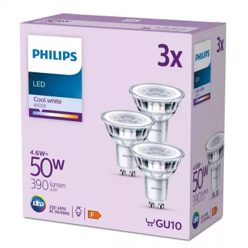 Philips Spot LED 50W PAR16 GU10 x3, 4.6 W, 50 W, GU10, 390 lm, 15000 h, Šalta balta