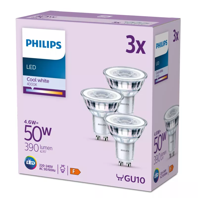 Philips Spot LED 50W PAR16 GU10 x3, 4.6 W, 50 W, GU10, 390 lm, 15000 h, Šalta balta