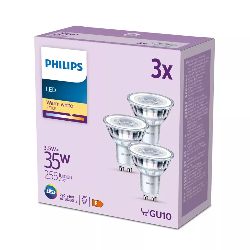 Philips Spot 35W PAR16 GU10 x3, 3.5 W, 35 W, GU10, 255 lm, 15000 h, Šilta balta