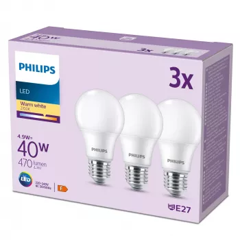 Philips LED lemputė 4,9W A60 E27 x3, 40W ekvivalentas, 470 lm, šilta balta