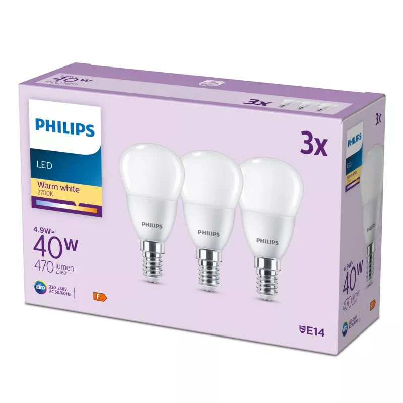 LED lemputė Philips Candle 40W P45 E14, 3 vnt., 4.9 W, 40 W, E14, 470 lm, 15000 h, šilta balta