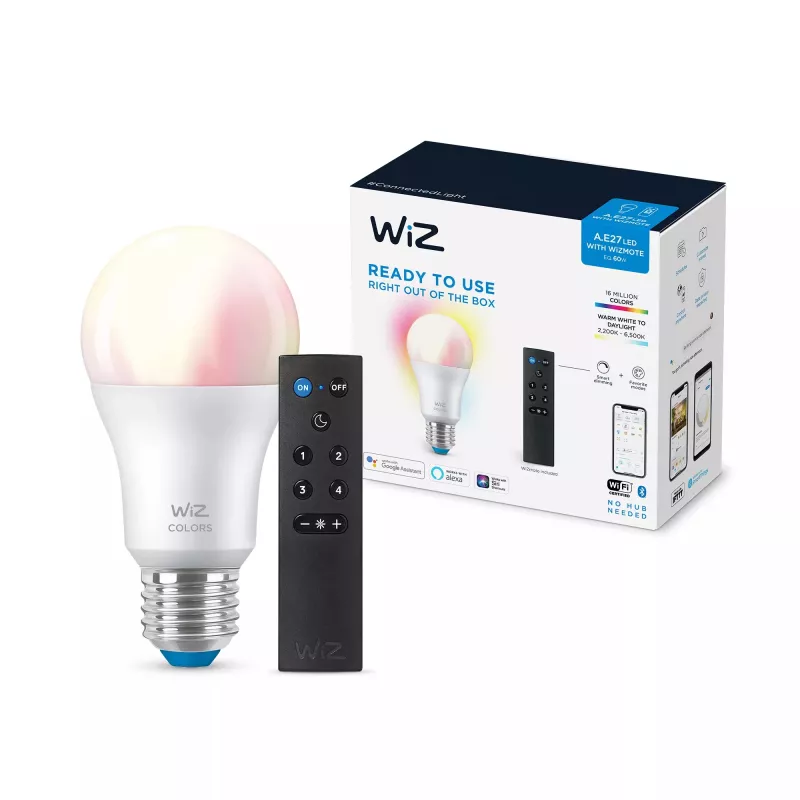 WiZ lemputė 8W (Ekiv.60W) A60 E27 x1 + nuotolinio valdymo pultelis, išmanioji lemputė, Wi-Fi/Bluetooth, balta, Wi-Fi 4 (802.11n), 802.11b, 802.11g, LED, E27