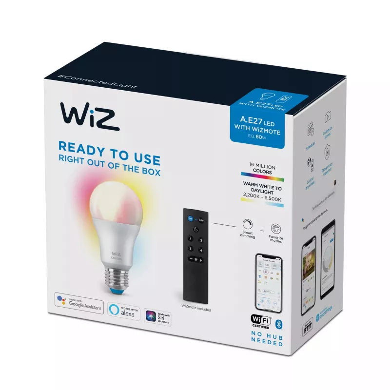 WiZ lemputė 8W (Ekiv.60W) A60 E27 x1 + nuotolinio valdymo pultelis, išmanioji lemputė, Wi-Fi/Bluetooth, balta, Wi-Fi 4 (802.11n), 802.11b, 802.11g, LED, E27