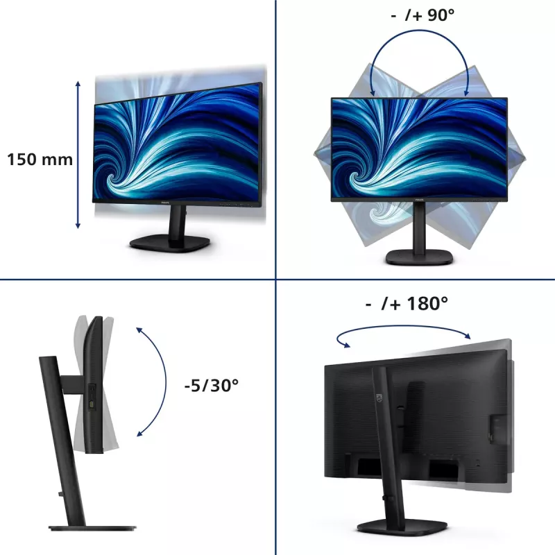 Monitorius Philips 24B2U3601 23,8 colio (60,5 cm) IPS Quad HD 2560x1440, USB 3.2 šakotuvas, USB-C, garsiakalbiai, aukščio reguliavimas, VESA, juodas