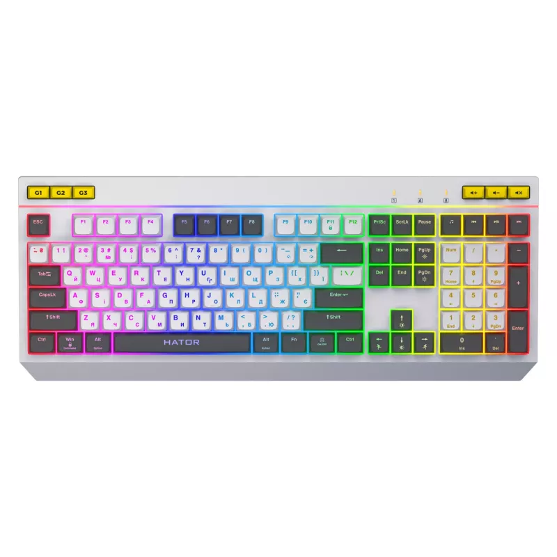 HATOR Icefall klaviatūra žaidimams, membraninė, USB, QWERTY US English, balta, pilno dydžio, RGB LED