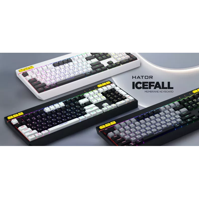 HATOR Icefall klaviatūra žaidimams, membraninė, USB, QWERTY US English, balta, pilno dydžio, RGB LED