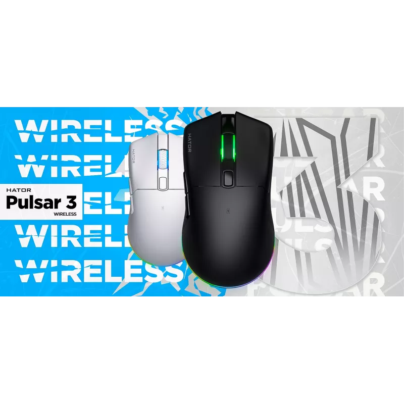 HATOR Pulsar 3 Wireless, balta – Optiniai geltoni jungikliai 100M, PixArt PMW 3311 (HTM631)