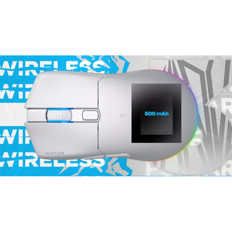 HATOR Pulsar 3 Wireless, balta – Optiniai geltoni jungikliai 100M, PixArt PMW 3311 (HTM631)