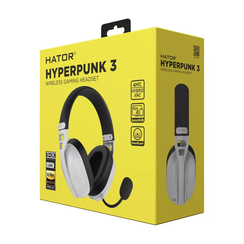 Ausinės HATOR Hyperpunk 3 Wireless, belaidės ir laidinės, USB-C / USB-A, Bluetooth, baltos