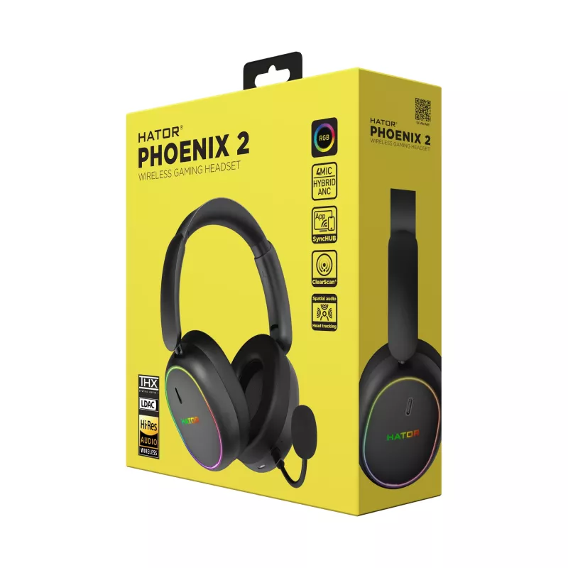 HATOR Phoenix 2 Wireless ausinės su mikrofonu, žaidimams, belaidės / laidinės, USB Type-C / USB Type-A, Bluetooth, juodos