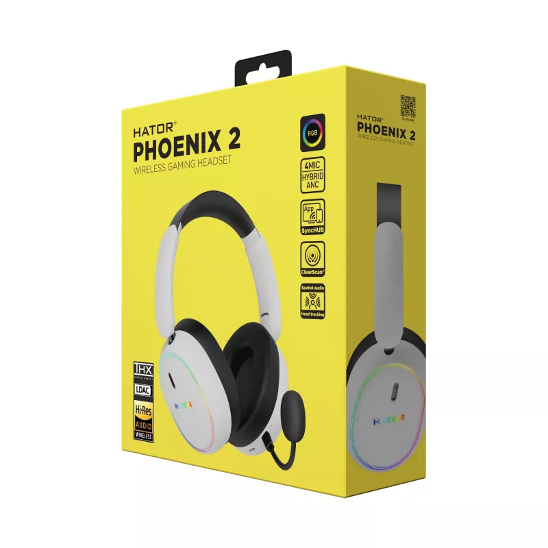 HATOR Phoenix 2 Wireless ausinės su mikrofonu, belaidės ir laidinės, žaidimams, USB Type-C / USB Type-A, Bluetooth, baltos