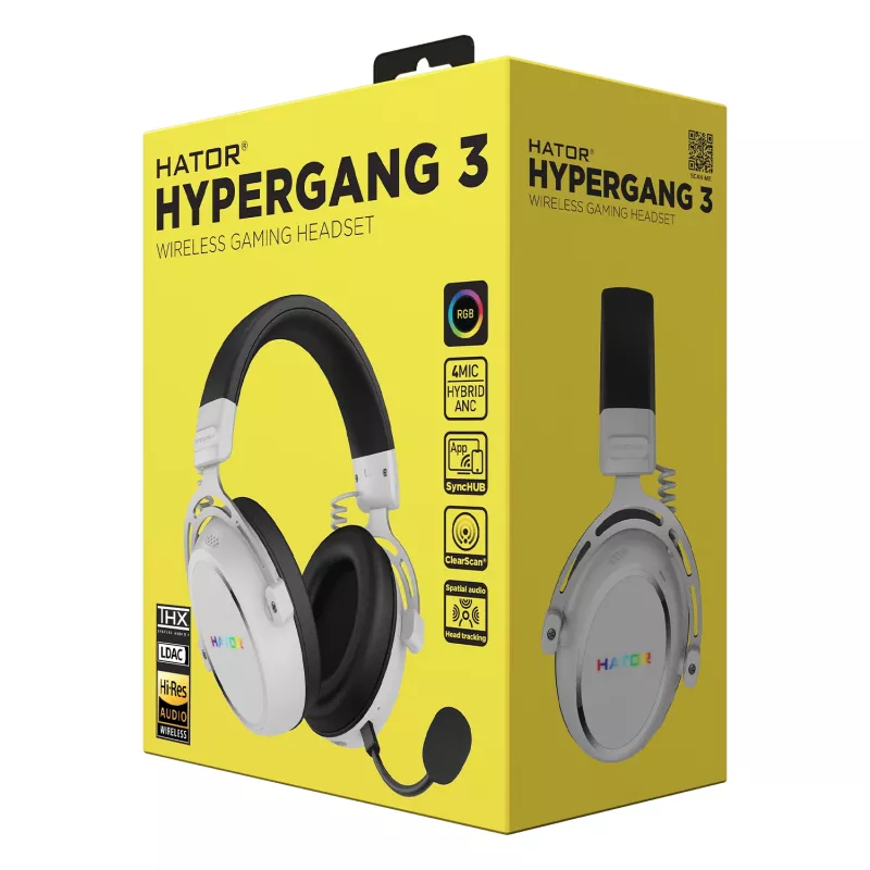 Ausinės HATOR Hypergang 3 Wireless belaidės, USB Type-C / USB Type-A, Bluetooth, baltos