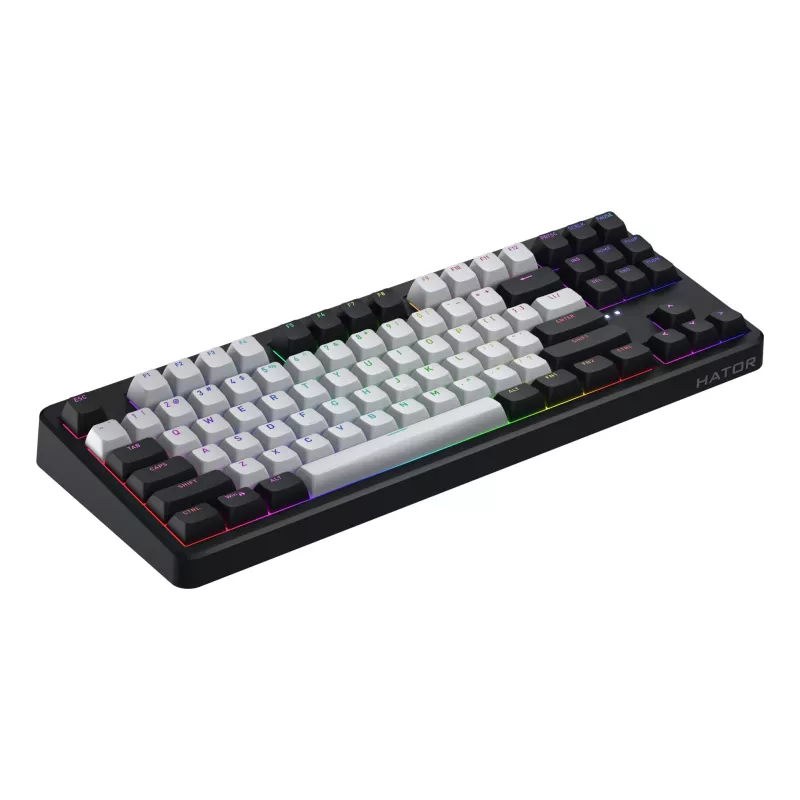HATOR Rockfall 3 TKL Wireless juoda, QMK/VIA, OMA profilio baltai-juodi klavišų dangteliai, klaviatūra su linijiniais mechaniniais karšto keitimo jungikliais, US ANSI išdėstymas (HTK850)