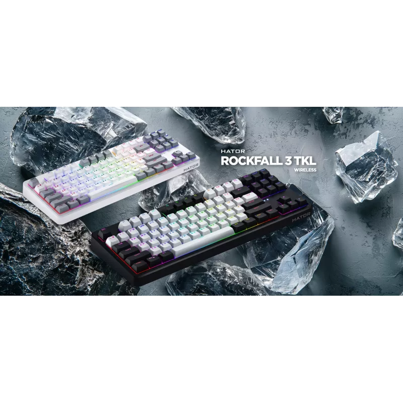 HATOR Rockfall 3 TKL Wireless juoda, QMK/VIA, OMA profilio baltai-juodi klavišų dangteliai, klaviatūra su linijiniais mechaniniais karšto keitimo jungikliais, US ANSI išdėstymas (HTK850)