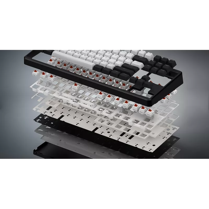 HATOR Rockfall 3 TKL Wireless juoda, QMK/VIA, OMA profilio baltai-juodi klavišų dangteliai, klaviatūra su linijiniais mechaniniais karšto keitimo jungikliais, US ANSI išdėstymas (HTK850)