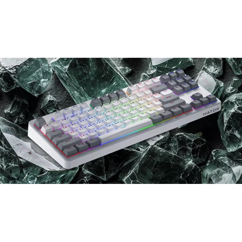 HATOR Rockfall 3 TKL Wireless juoda, QMK/VIA, OMA profilio baltai-juodi klavišų dangteliai, klaviatūra su linijiniais mechaniniais karšto keitimo jungikliais, US ANSI išdėstymas (HTK850)