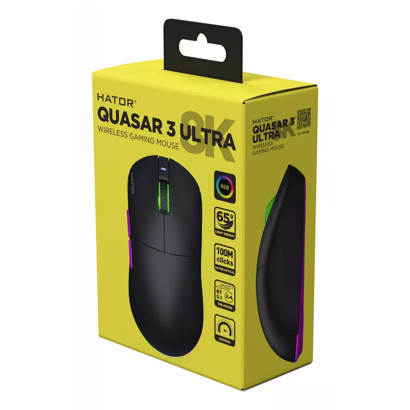 HATOR Quasar 3 Ultra 8K Wireless pelė žaidimams Ambidextrinė RF Wireless + Bluetooth + USB Type-A Optinė 30000 DPI