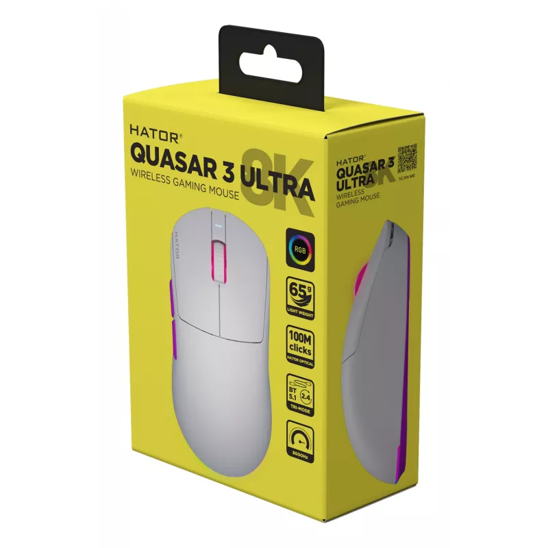 HATOR Quasar 3 Ultra 8K belaidė pelė žaidimams, ambidekstrinė, RF Wireless + Bluetooth + USB Type-A, optinė 30000 DPI