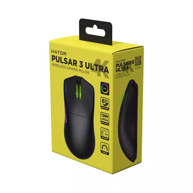 HATOR Pulsar 3 ULTRA 4K Wireless pelė žaidimams, dešinei rankai, RF Wireless + Bluetooth + USB Type-A, optinė, 30000 DPI