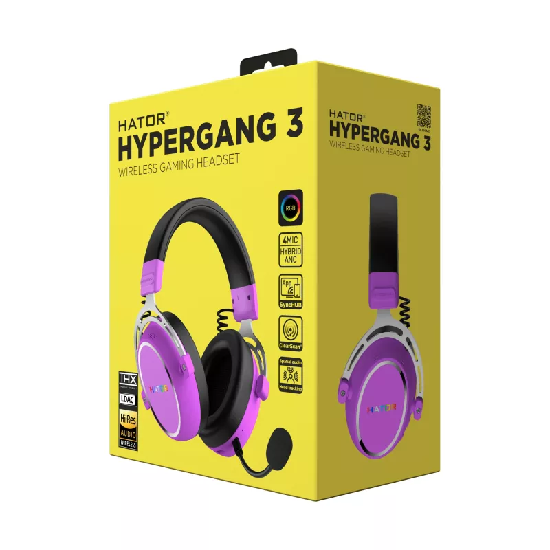 Belaidė ausinė HATOR Hypergang 3 Wireless, žaidimams, USB Type-C / USB Type-A, Bluetooth, violetinė