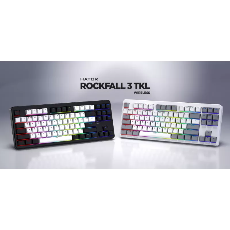 HATOR Rockfall 3 TKL Wireless, baltas, QMK/VIA, OMA profilio baltai-juodi klavišų dangteliai Klaviatūra - linijiniai mechaniniai karštai keičiami jungikliai - US - ANSI išdėstymas