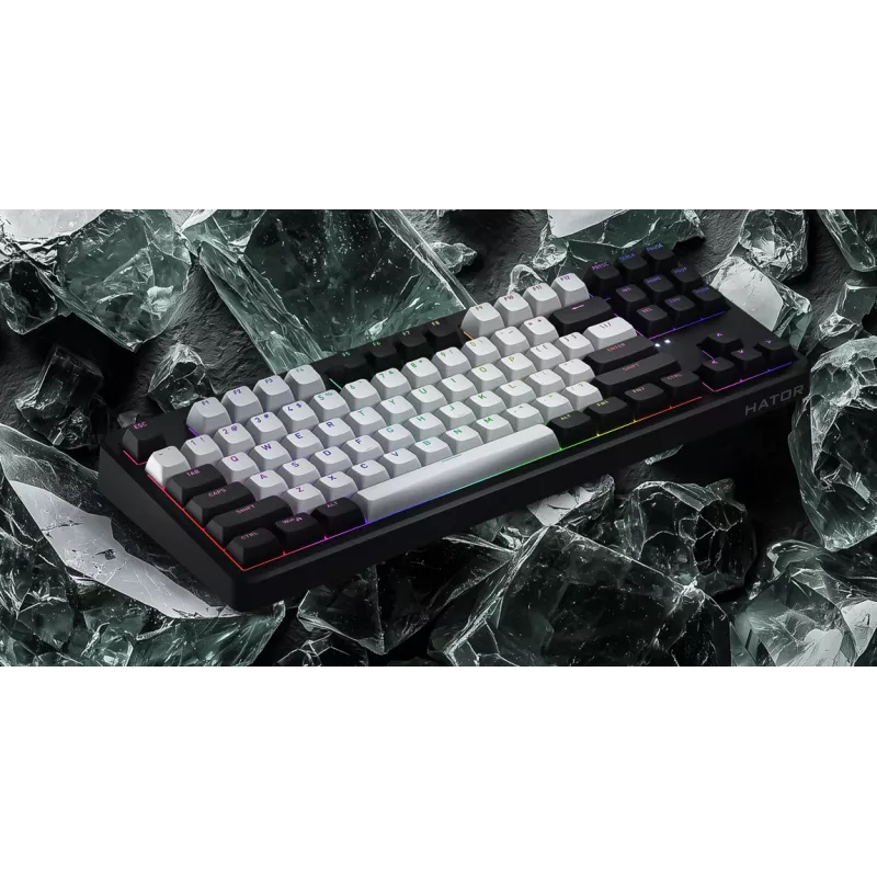 HATOR Rockfall 3 TKL Wireless, baltas, QMK/VIA, OMA profilio baltai-juodi klavišų dangteliai Klaviatūra - linijiniai mechaniniai karštai keičiami jungikliai - US - ANSI išdėstymas