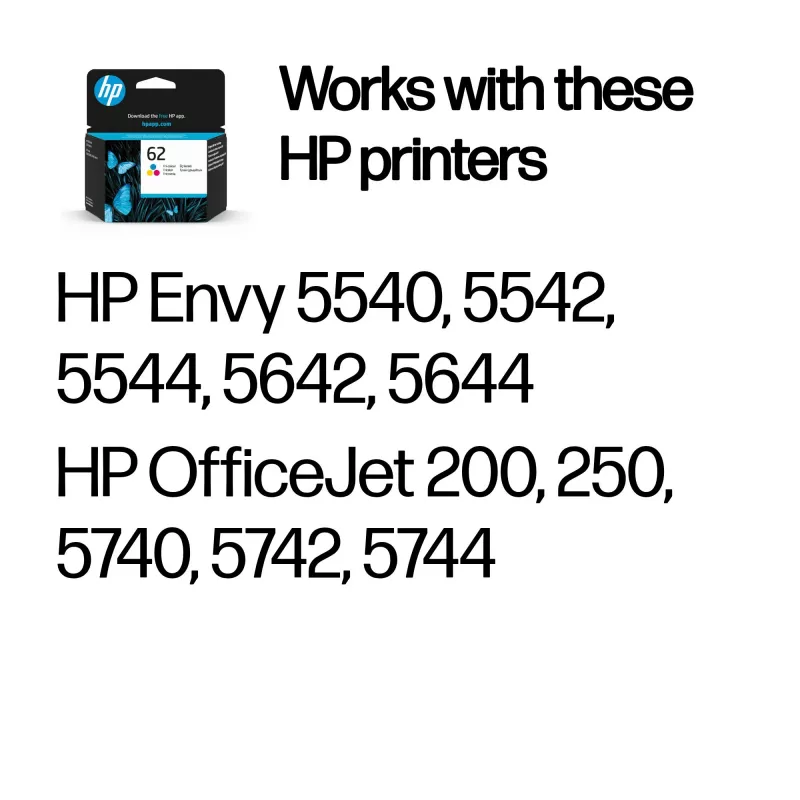 HP 62 Tri-color Original rašalo kasetė, Cyan, Magenta, Geltona, 1 vnt., 165 puslapių