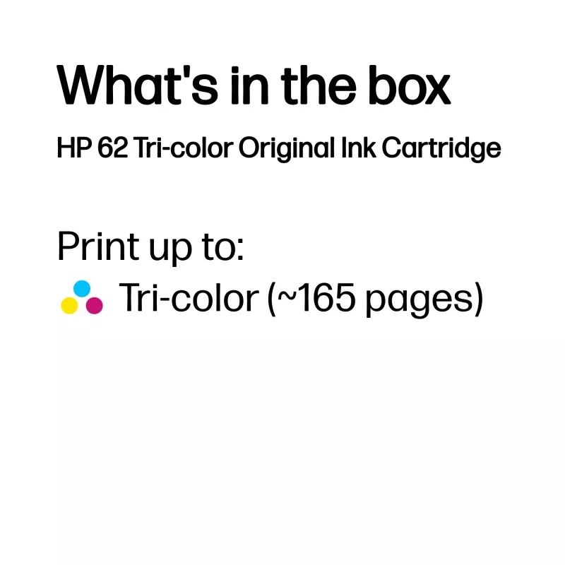 HP 62 Tri-color Original rašalo kasetė, Cyan, Magenta, Geltona, 1 vnt., 165 puslapių