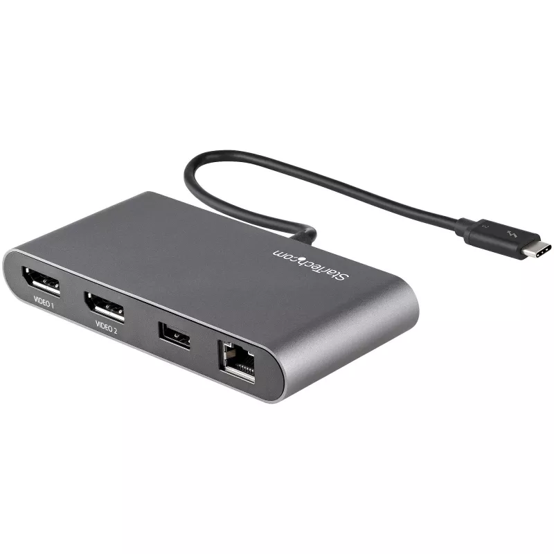 StarTech.com Dual-Monitor Thunderbolt Mini Dock, 4K 60Hz DisplayPort, belaidžio ryšio stotelė be tvarkyklių, skirta Windows ir Mac, Gigabit Ethernet, 1x USB-A (USB 5Gbps), 28 cm kabelis
