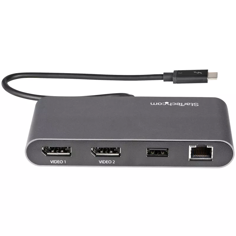 StarTech.com Dual-Monitor Thunderbolt Mini Dock, 4K 60Hz DisplayPort, belaidžio ryšio stotelė be tvarkyklių, skirta Windows ir Mac, Gigabit Ethernet, 1x USB-A (USB 5Gbps), 28 cm kabelis