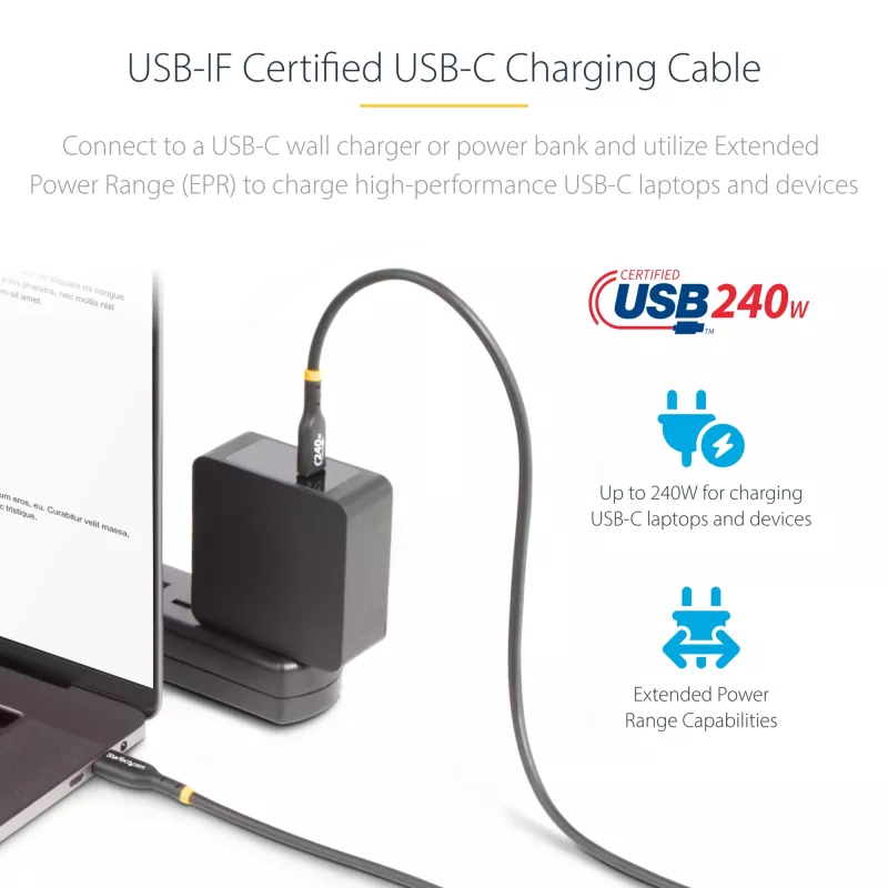 StarTech.com 3 m USB-C įkrovimo laidas, USB-IF sertifikuotas USB C laidas, 240W PD EPR, USB 2.0 Type-C nešiojamojo kompiuterio įkroviklio laidas, USB-C duomenų perdavimo laidas, TPE apvalkalas, M/M
