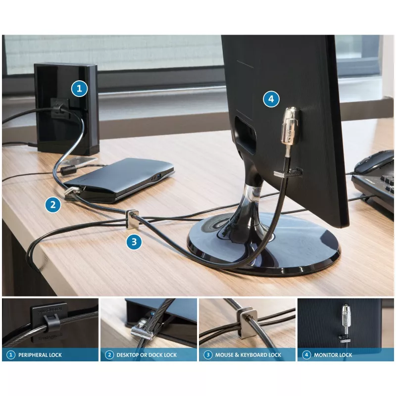 Kensington Desktop & Peripherals Locking Kit 2.0, 2.44 m, raktinis, anglinis plienas, juoda, sidabrinė