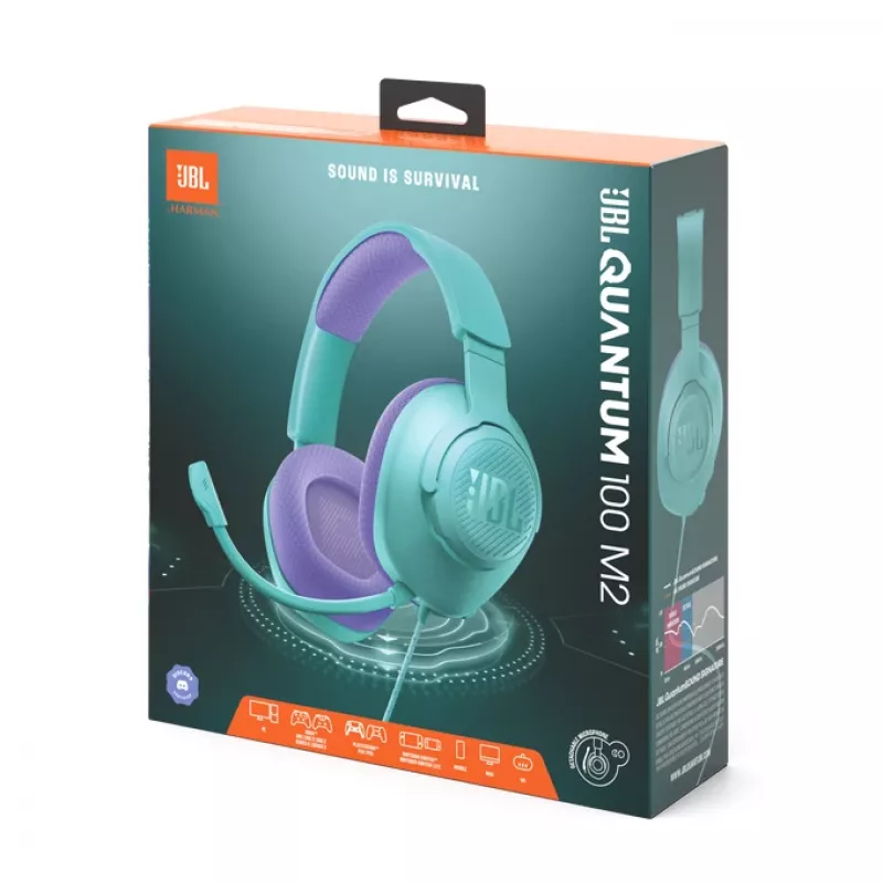 Ausinės JBL Quantum 100M2, laidinės, žaidimams, cian