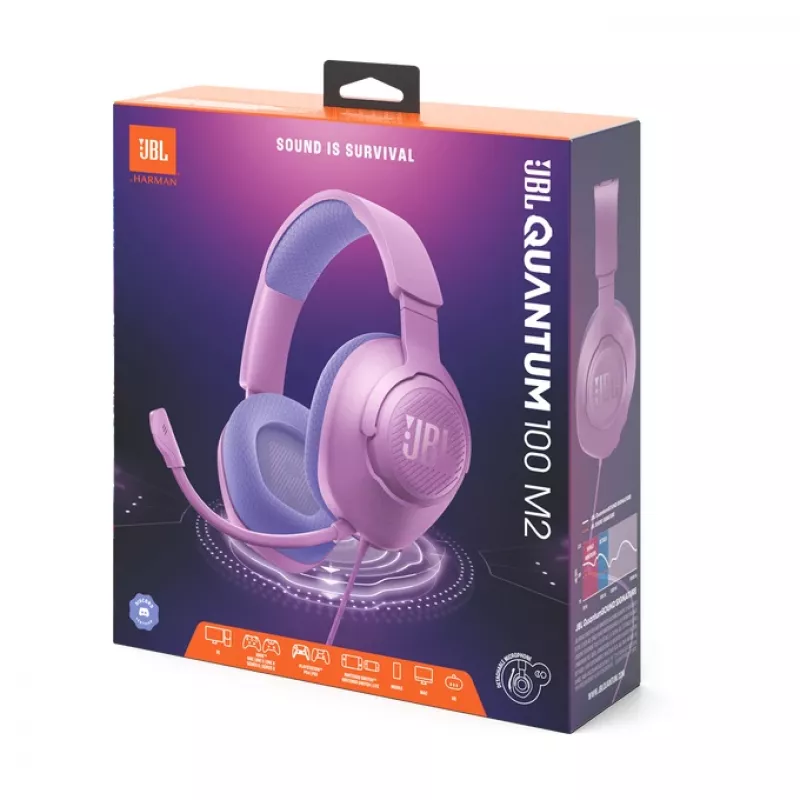 Laidinis žaidimų ausinių komplektas JBL Quantum 100M2 — uždengiančios ausines, 20–20000 Hz, 1,2 m kabelis, violetinė