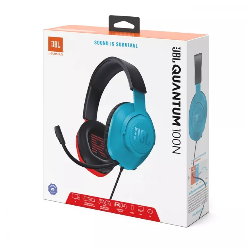 Ausinės JBL Quantum 100N, laidinės, žaidimams, mėlyna, raudona