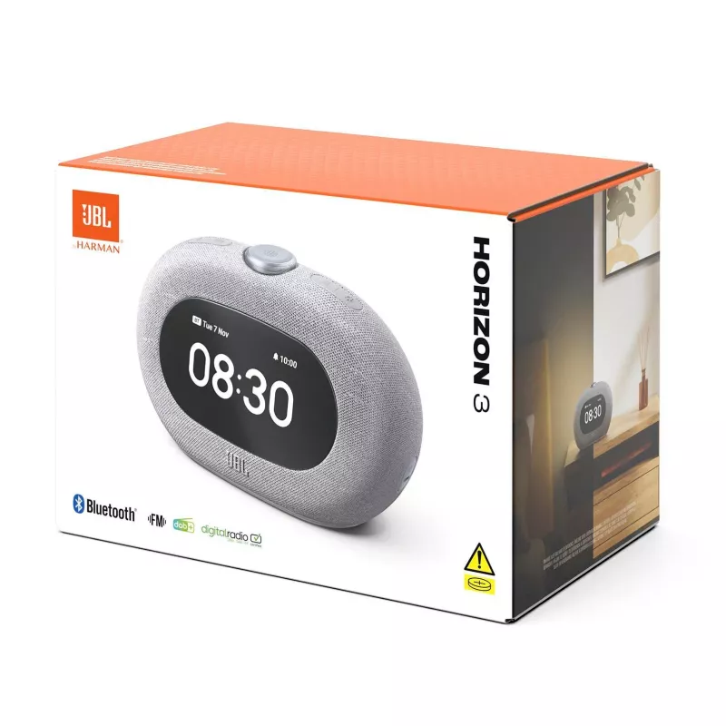 Laikrodinis radijo imtuvas JBL Horizon-3 pilkas – DAB/DAB+/FM, 5W RMS, LCD ekranas, 65–20000 Hz, sukamasis garsumo reguliatorius