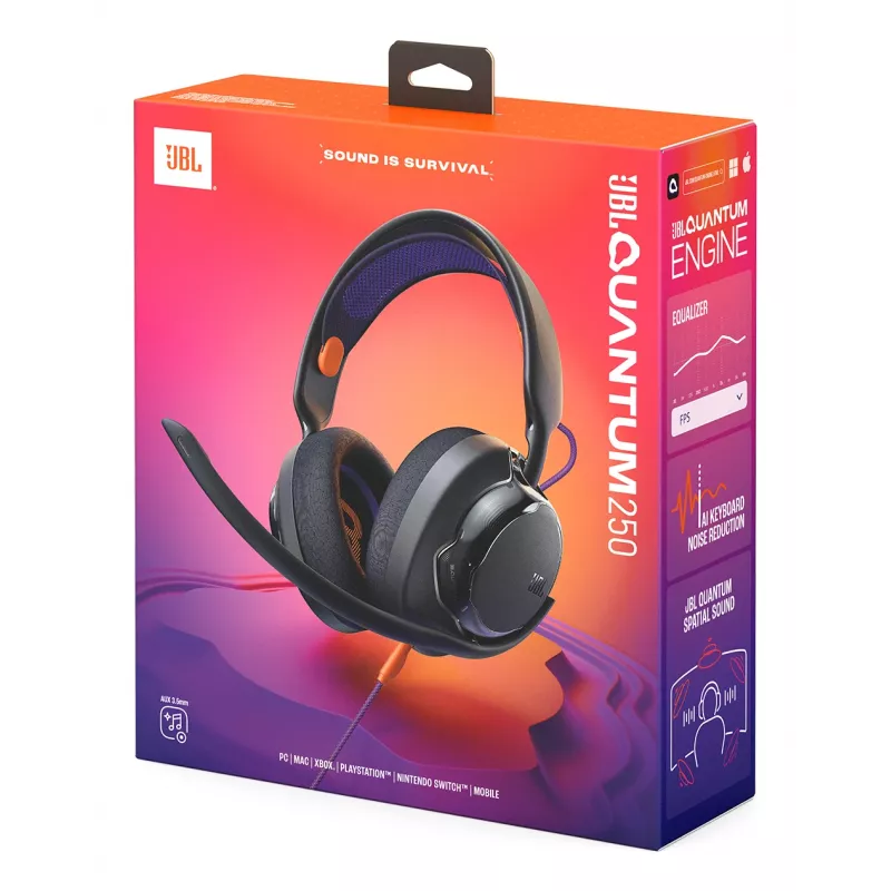 JBL Quantum 250 ausinės su laidu, galvos lankeliu, žaidimams, juodos