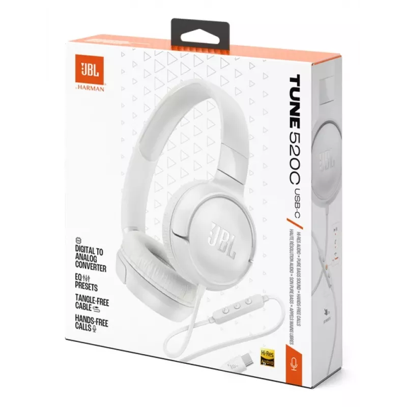 JBL Tune 520C USB-C laidinės ausinės, ausinės su lankeliu, skambučiams/muzikai, USB Type-C, baltos