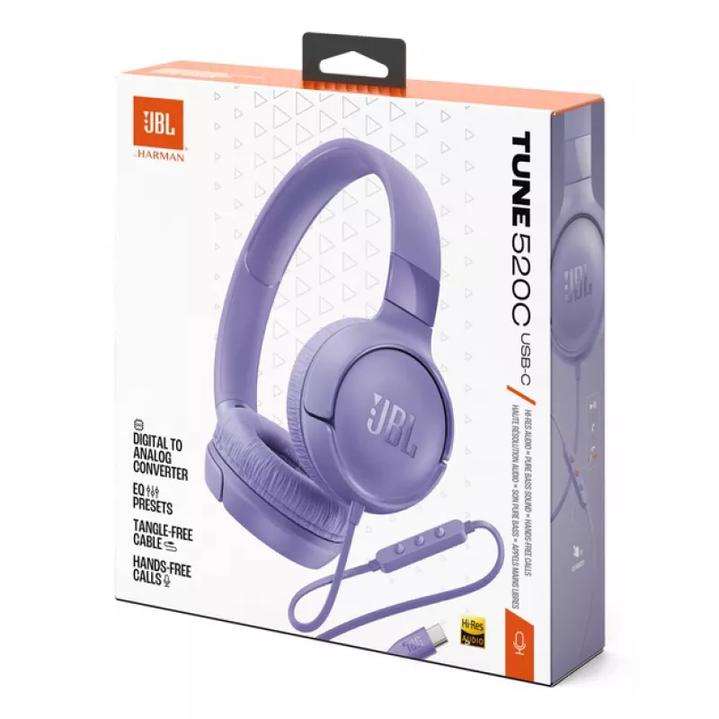 Ausinės JBL Tune 520C USB-C laidinės ant ausų, pokalbiams/muzikai, USB Type-C, alyvinė
