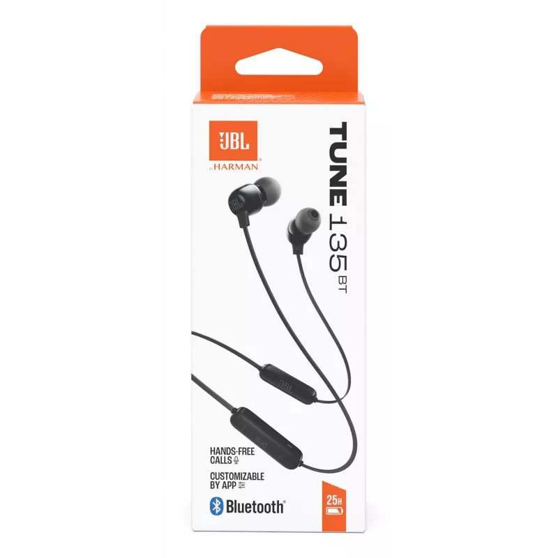 JBL Tune 135BT belaidžiai į ausį įdedami ausinės su mikrofonu, juodos spalvos