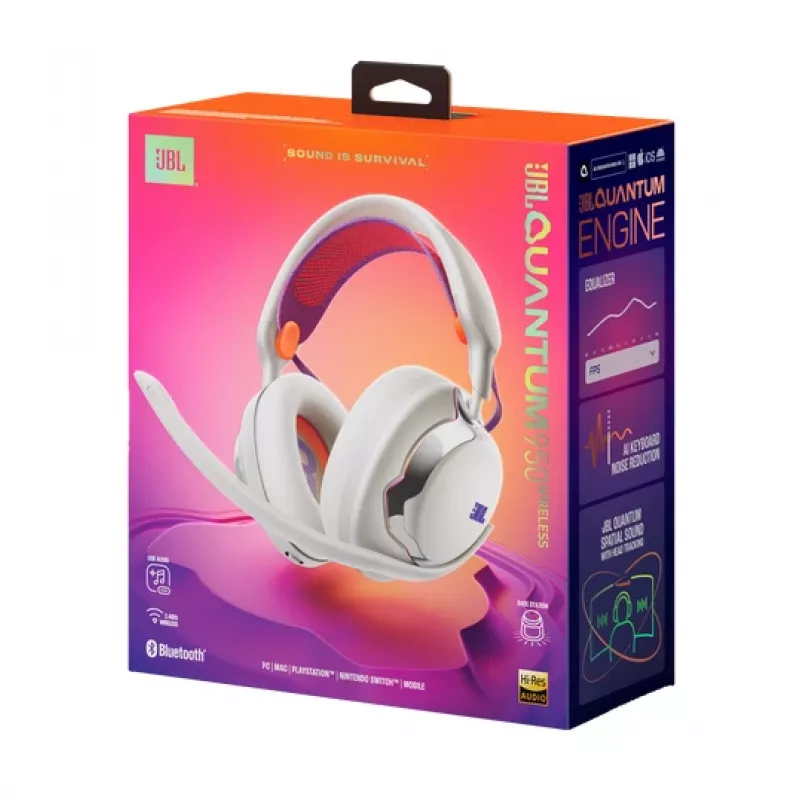 JBL Quantum 950 belaidės ausinės žaidimams, USB Type-C, Bluetooth, įkrovimo stovas, oranžinė, sidabrinė, balta