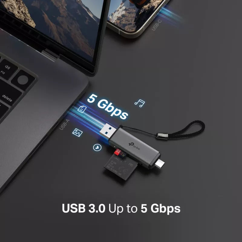 Kortelių skaitytuvas TP‑LINK UA430D USB 3.1 – MicroSD/SD palaikymas, 200 Mbit/s, juodas, 75×22,9×9,3 mm