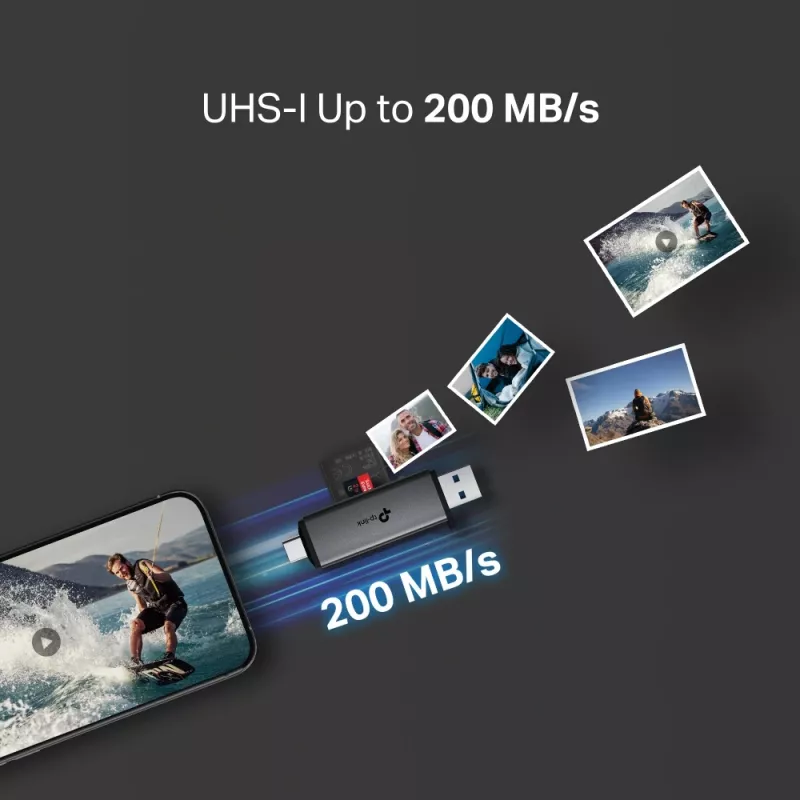 Kortelių skaitytuvas TP‑LINK UA430D USB 3.1 – MicroSD/SD palaikymas, 200 Mbit/s, juodas, 75×22,9×9,3 mm