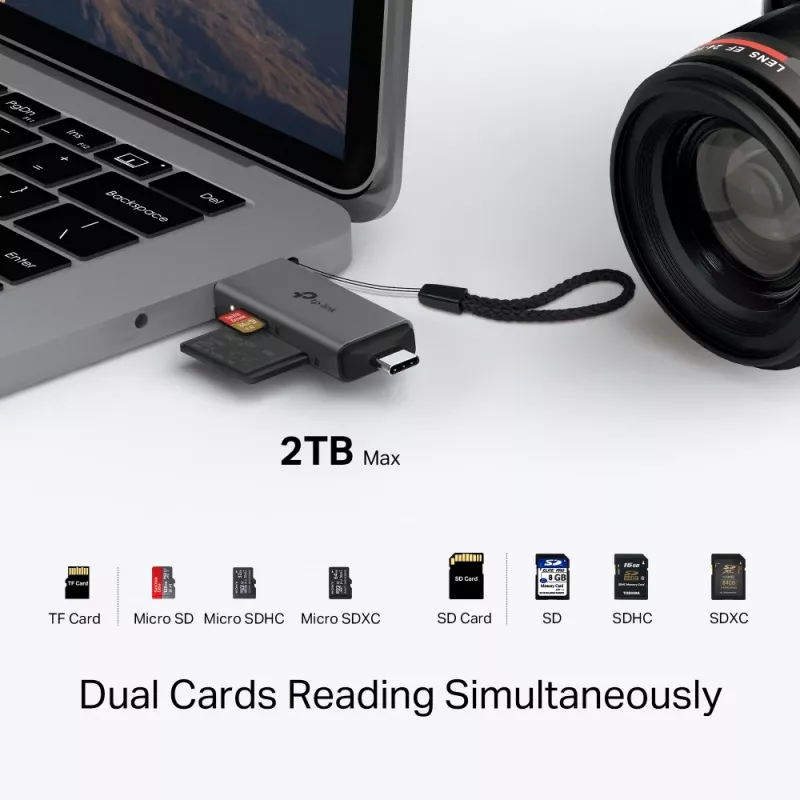 Kortelių skaitytuvas TP‑LINK UA430D USB 3.1 – MicroSD/SD palaikymas, 200 Mbit/s, juodas, 75×22,9×9,3 mm