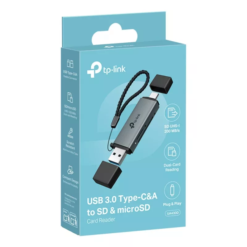 Kortelių skaitytuvas TP‑LINK UA430D USB 3.1 – MicroSD/SD palaikymas, 200 Mbit/s, juodas, 75×22,9×9,3 mm